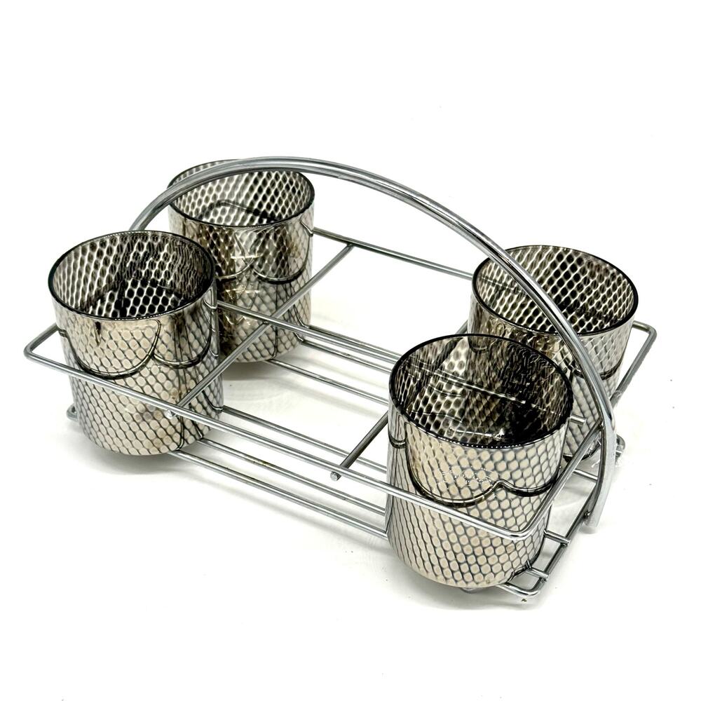 Rocks Glasses - Vintage MCM Set of 4 Black Mirror Geometric w/ Chrome Tray 3"H